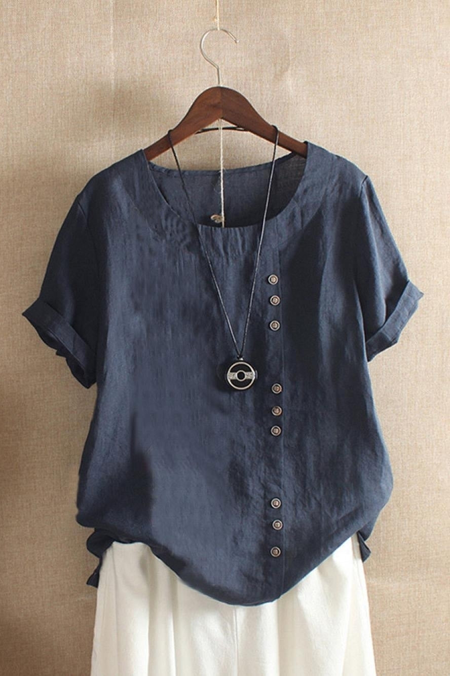 Blusa lisa con cuello redondo, manga corta y botones