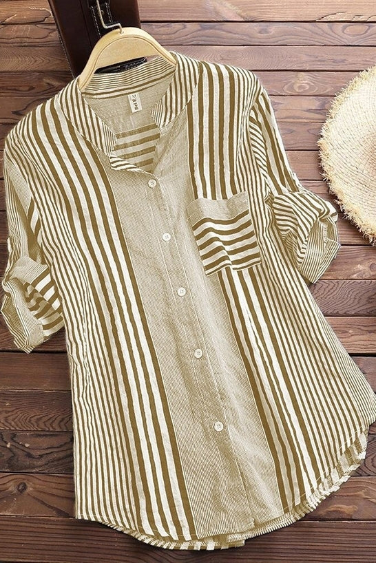 Blusa de rayas con cuello mao y manga tres cuartos — foto 4