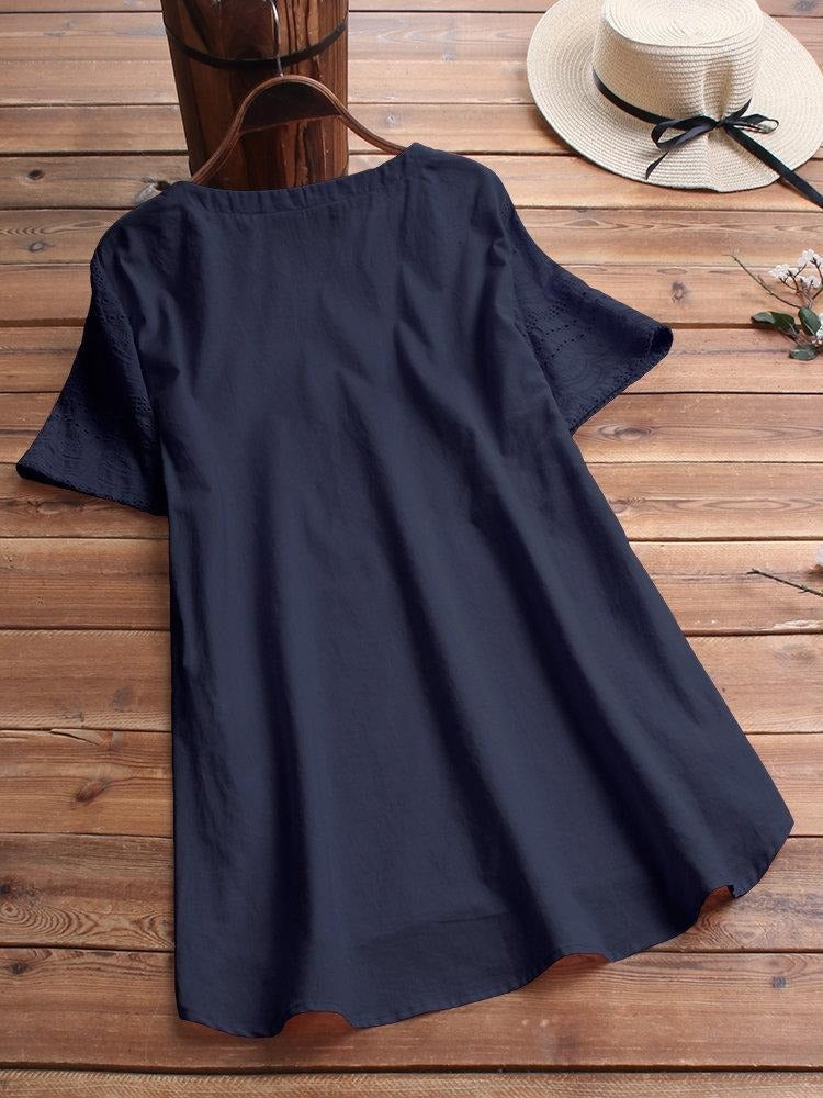Camisa casual lisa con cuello redondo y manga corta — foto 5