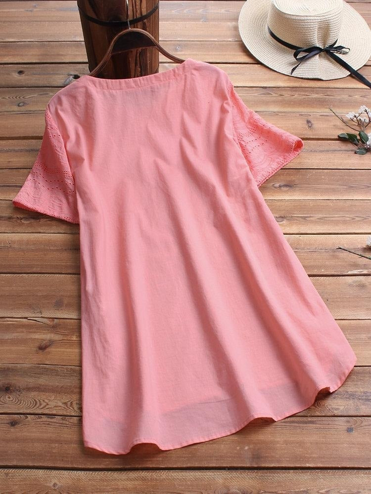 Camisa casual lisa con cuello redondo y manga corta — foto 6