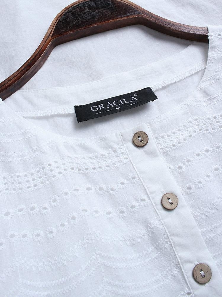 Camisa casual lisa con cuello redondo y manga corta — foto 7