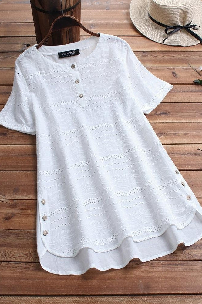 Camisa casual lisa con cuello redondo y manga corta