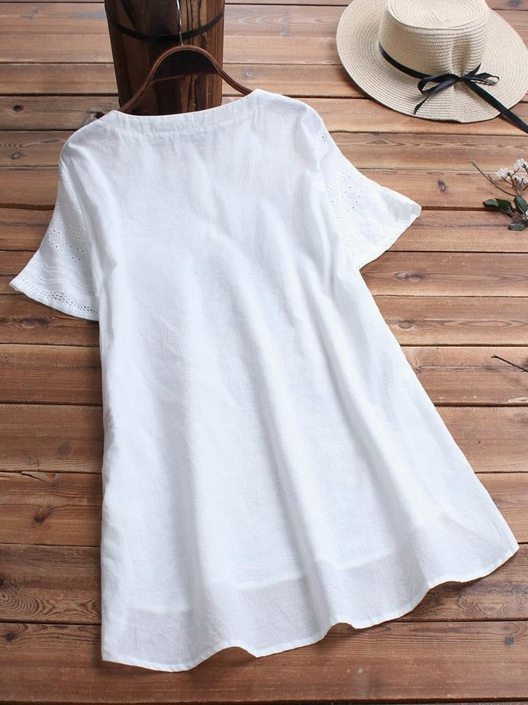 Camisa casual lisa con cuello redondo y manga corta — foto 4