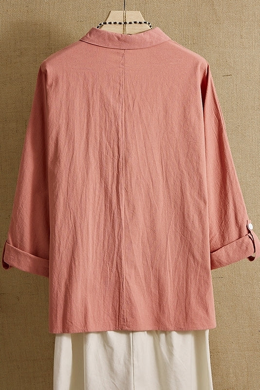 Blusa lisa con escote en pico, manga larga y bolsillos — foto 2