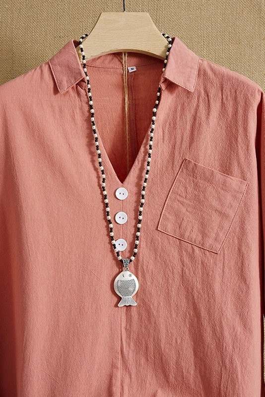 Blusa lisa con escote en pico, manga larga y bolsillos — foto 3