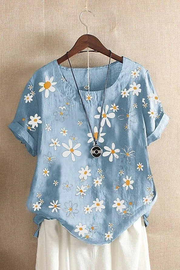 Camisa casual de flores con cuello redondo y manga corta