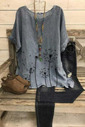 Blusa casual gris con cuello redondo y manga francesa