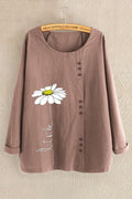 Top de flores con cuello redondo, manga larga y botones