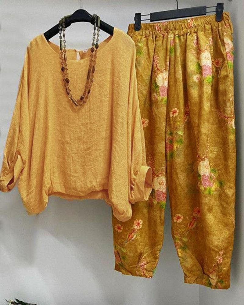 Conjunto de dos piezas holgado de flores con manga tres cuartos