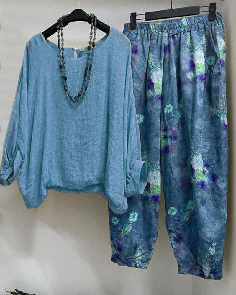 Conjunto de dos piezas holgado de flores con manga tres cuartos