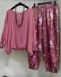 Conjunto de dos piezas holgado de flores con manga tres cuartos