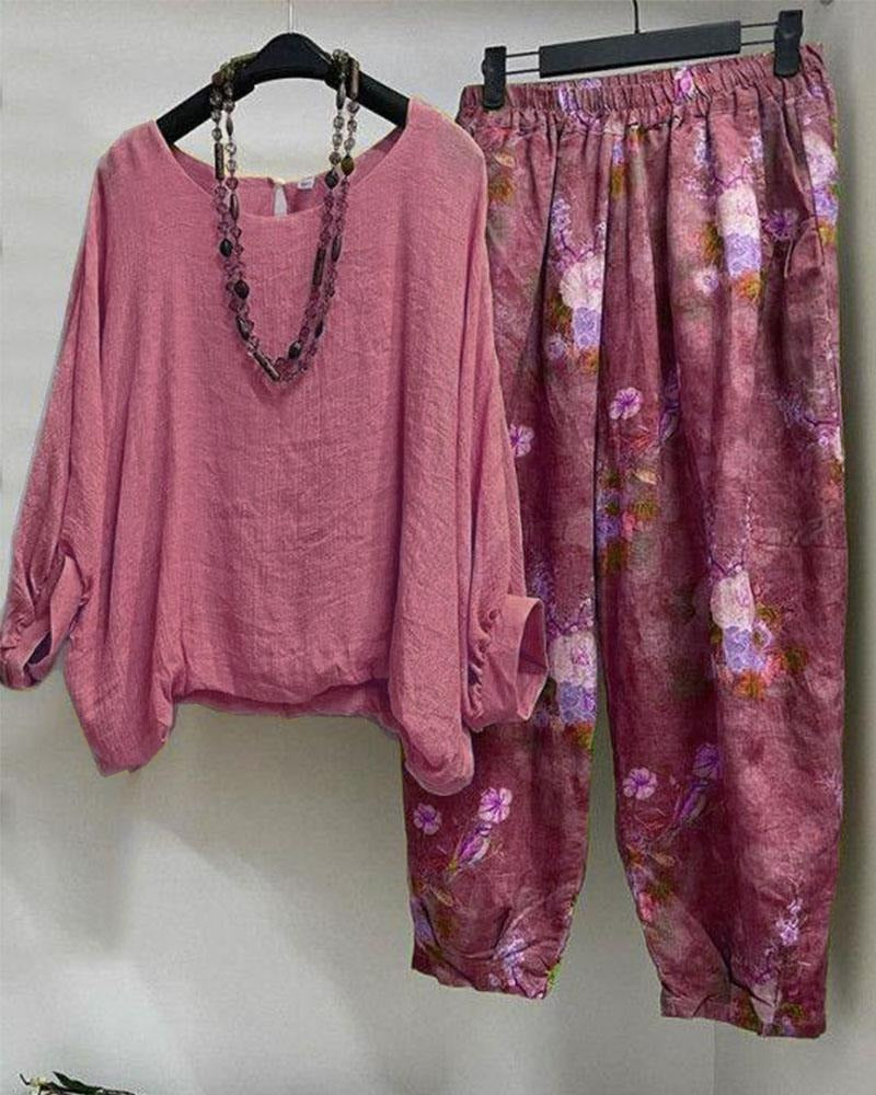 Conjunto de dos piezas holgado de flores con manga tres cuartos