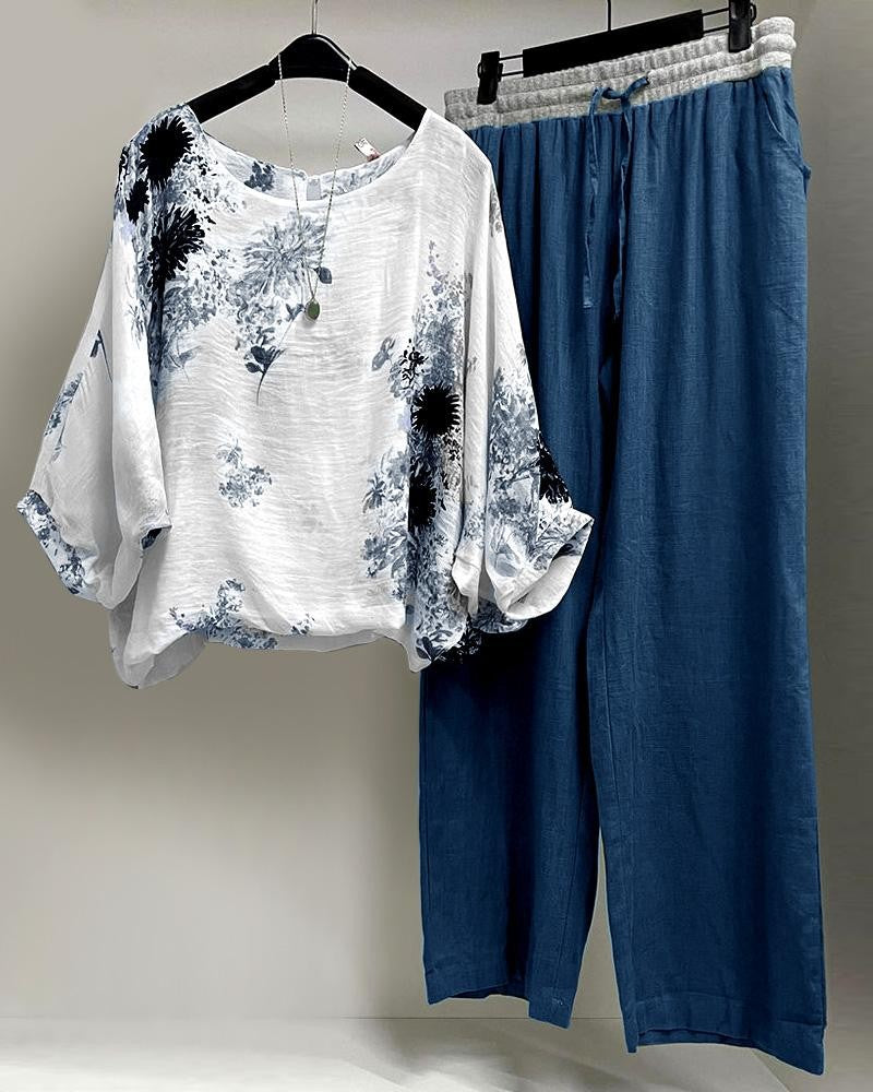 Conjunto casual de dos piezas de flores con manga larga