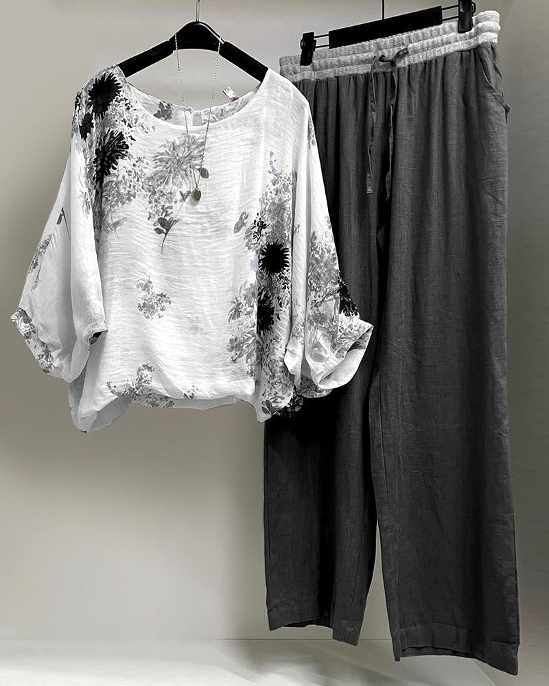 Conjunto casual de dos piezas de flores con manga larga
