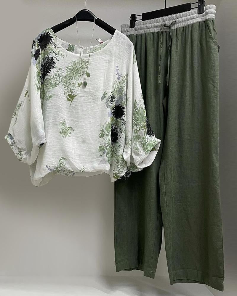 Conjunto casual de dos piezas de flores con manga larga