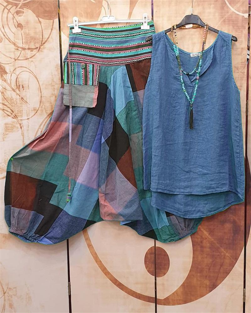 Conjunto casual de dos piezas holgado bicolor sin mangas
