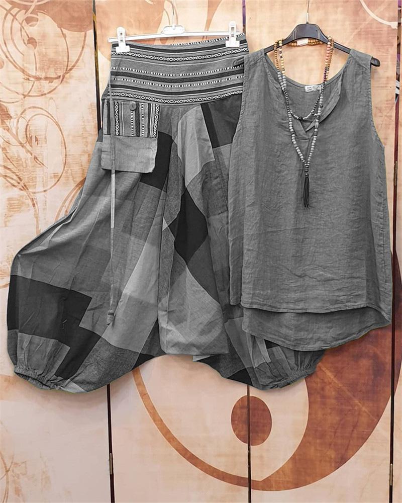 Conjunto casual de dos piezas holgado bicolor sin mangas