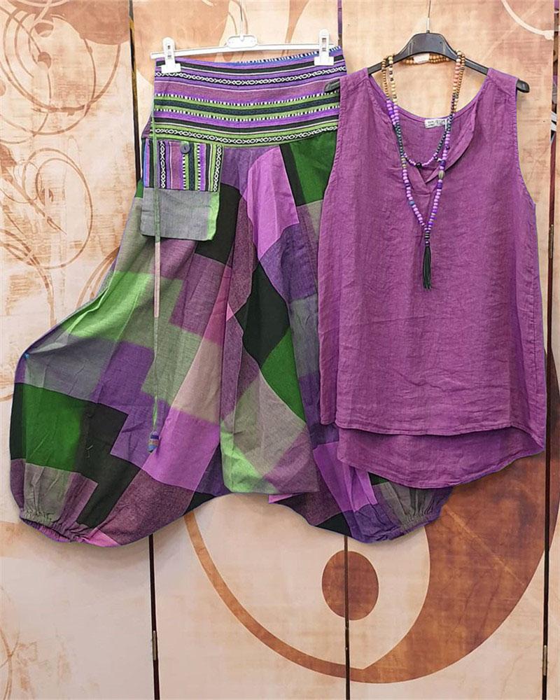 Conjunto casual de dos piezas holgado bicolor sin mangas