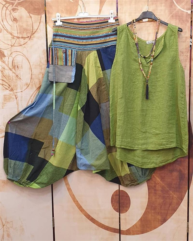 Conjunto casual de dos piezas holgado bicolor sin mangas