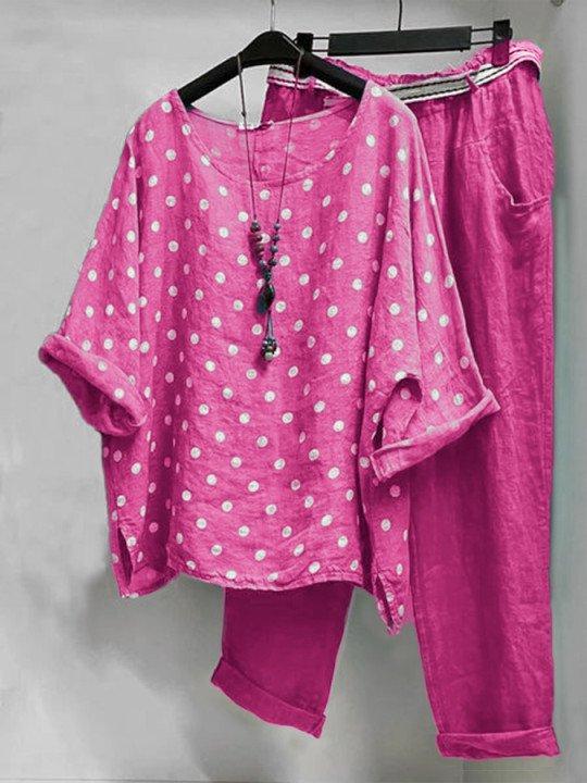 Conjunto casual de dos piezas de lunares con manga francesa