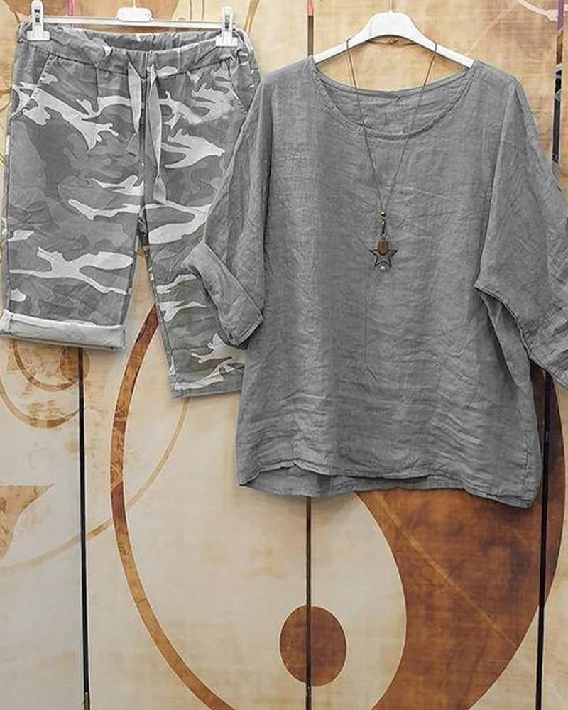 Conjunto casual de dos piezas de camuflaje con manga francesa