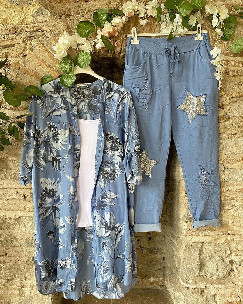Conjunto de dos piezas de flores con manga corta y botones