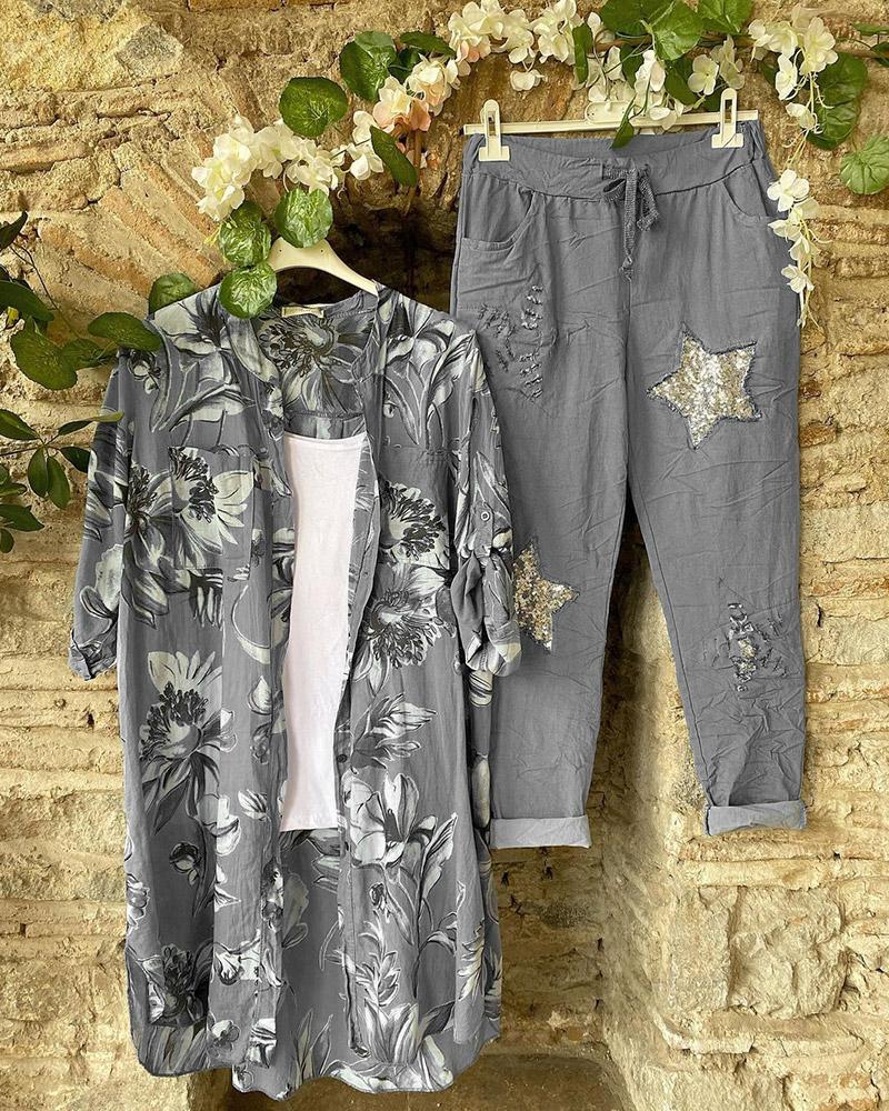 Conjunto de dos piezas de flores con manga corta y botones