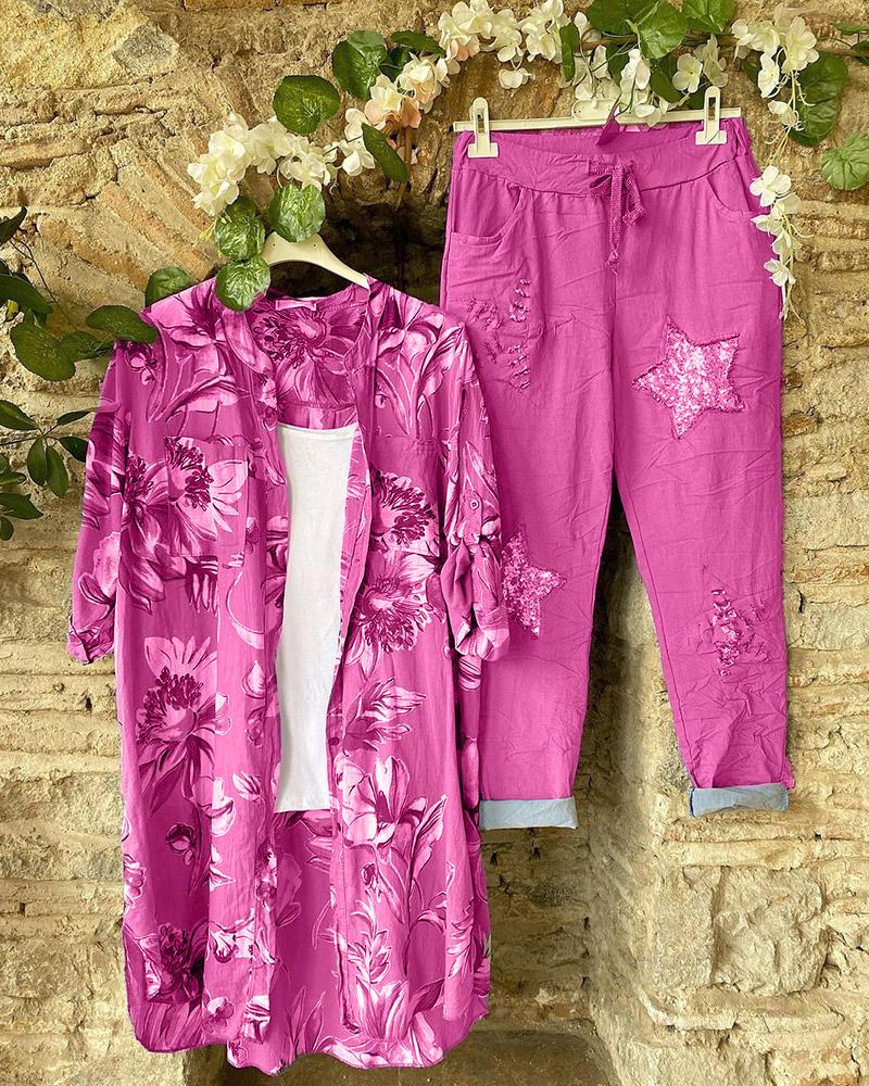 Conjunto de dos piezas de flores con manga corta y botones