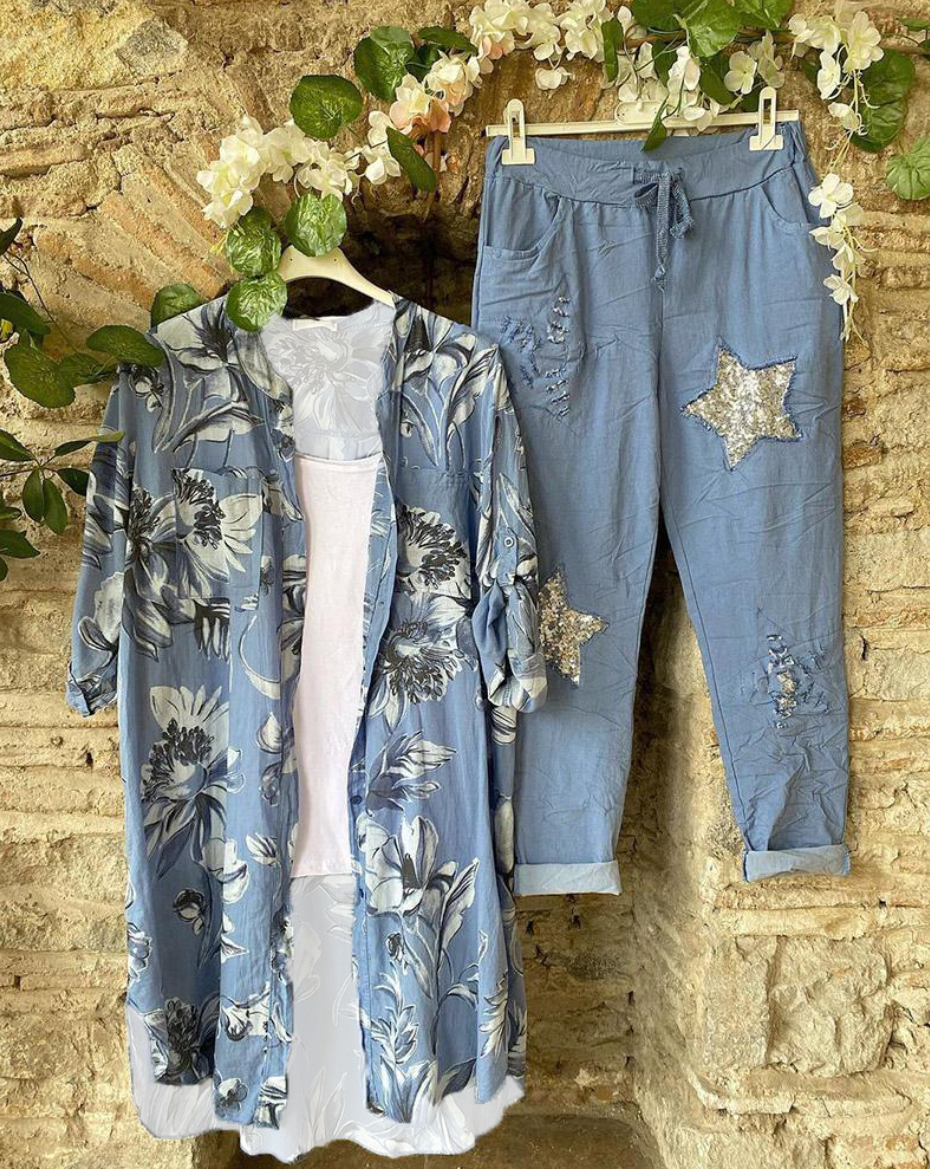 Conjunto de dos piezas de flores con manga corta y botones