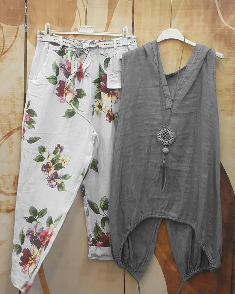 Conjunto casual de dos piezas de flores sin mangas