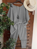 Conjunto casual de dos piezas liso con cuello redondo y manga corta