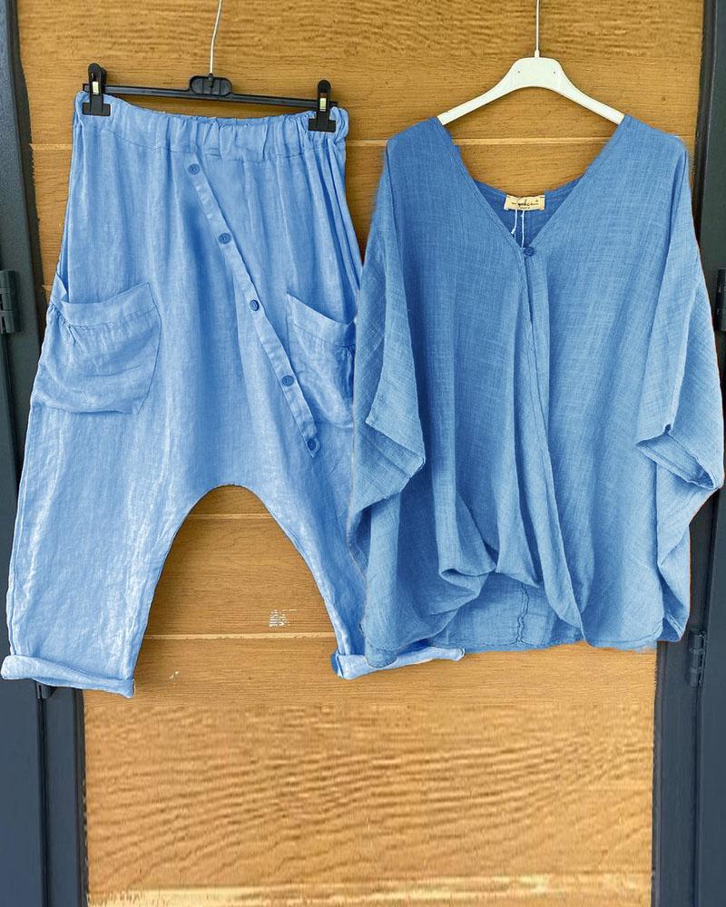Conjunto casual de dos piezas asimétrico liso con manga corta