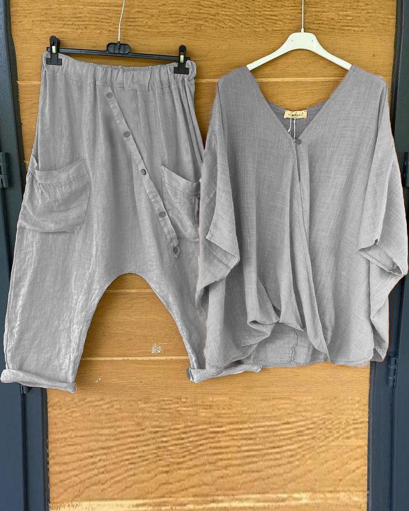 Conjunto casual de dos piezas asimétrico liso con manga corta
