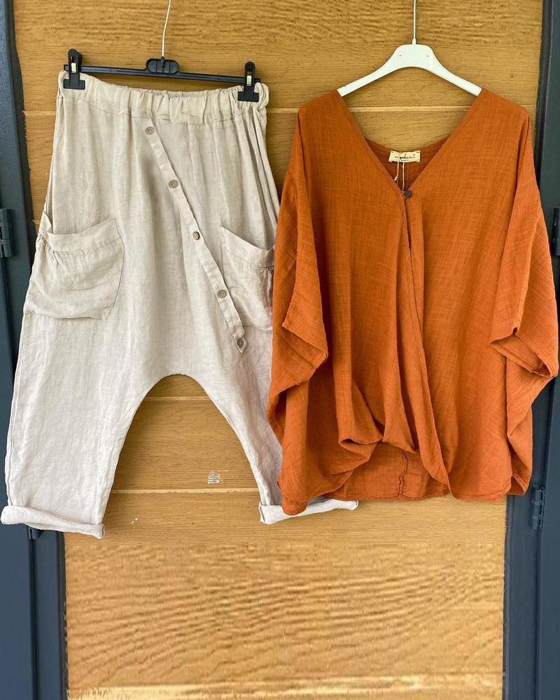 Conjunto casual de dos piezas asimétrico liso con manga corta