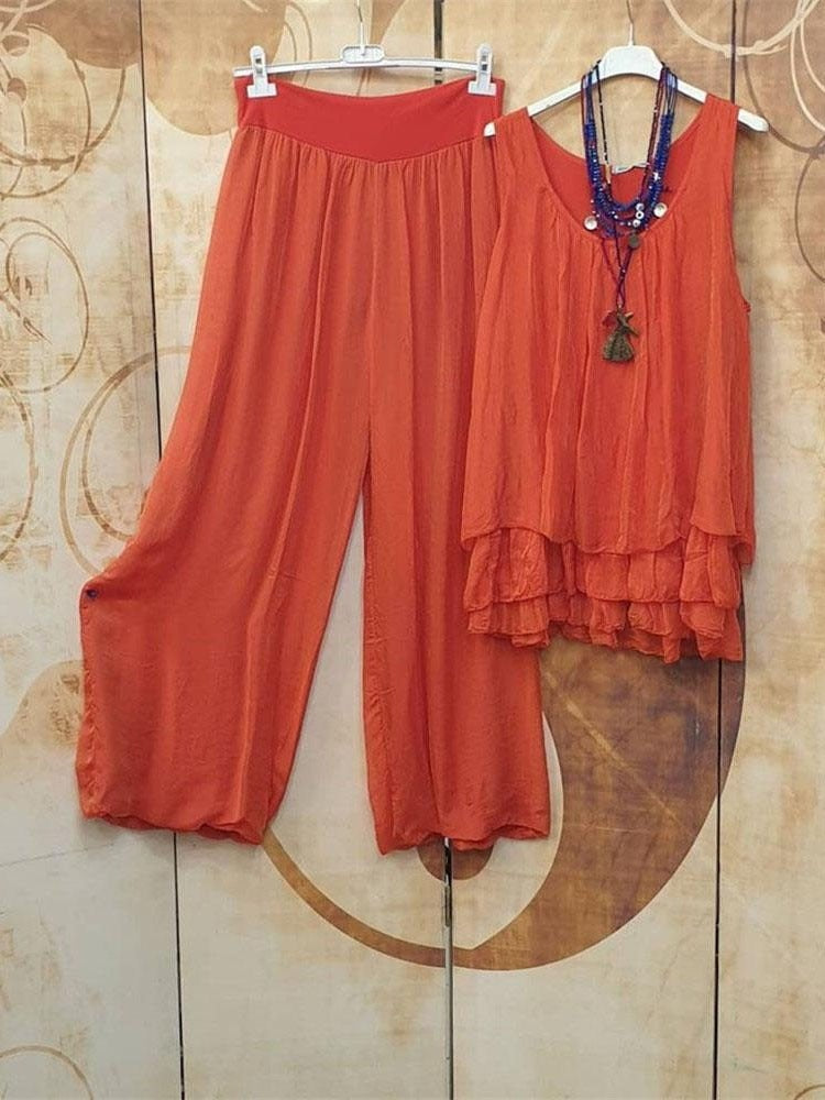 Conjunto casual de dos piezas de capas liso sin mangas