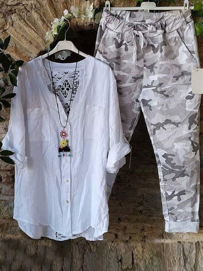 Conjunto de dos piezas de camuflaje con manga larga y detalle calado