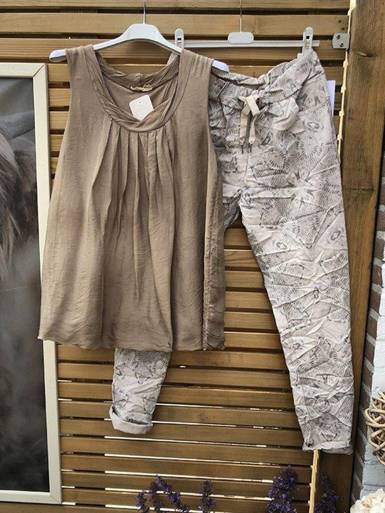 Conjunto casual de dos piezas liso con fruncido, sin mangas