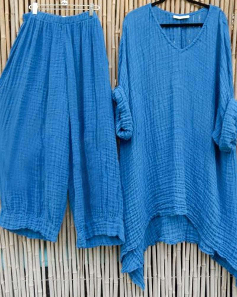 Conjunto casual de dos piezas liso con escote en pico y manga corta