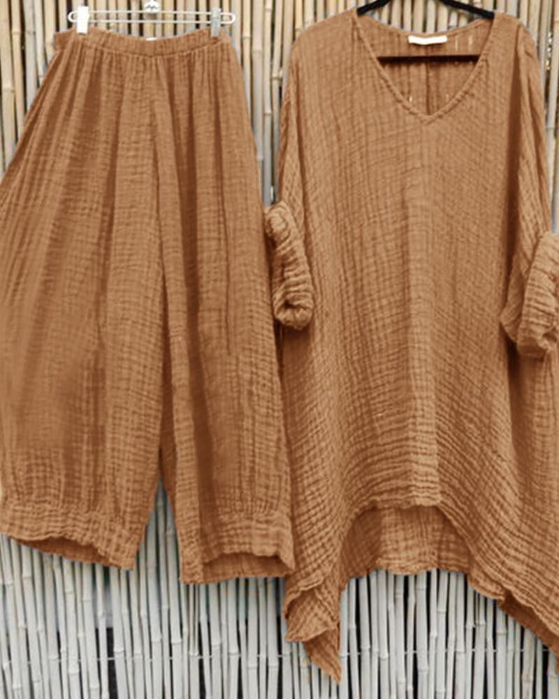 Conjunto casual de dos piezas liso con escote en pico y manga corta