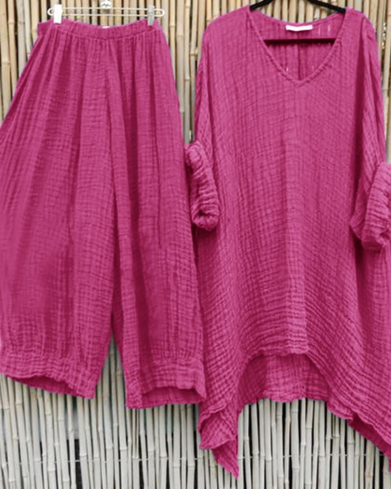 Conjunto casual de dos piezas liso con escote en pico y manga corta
