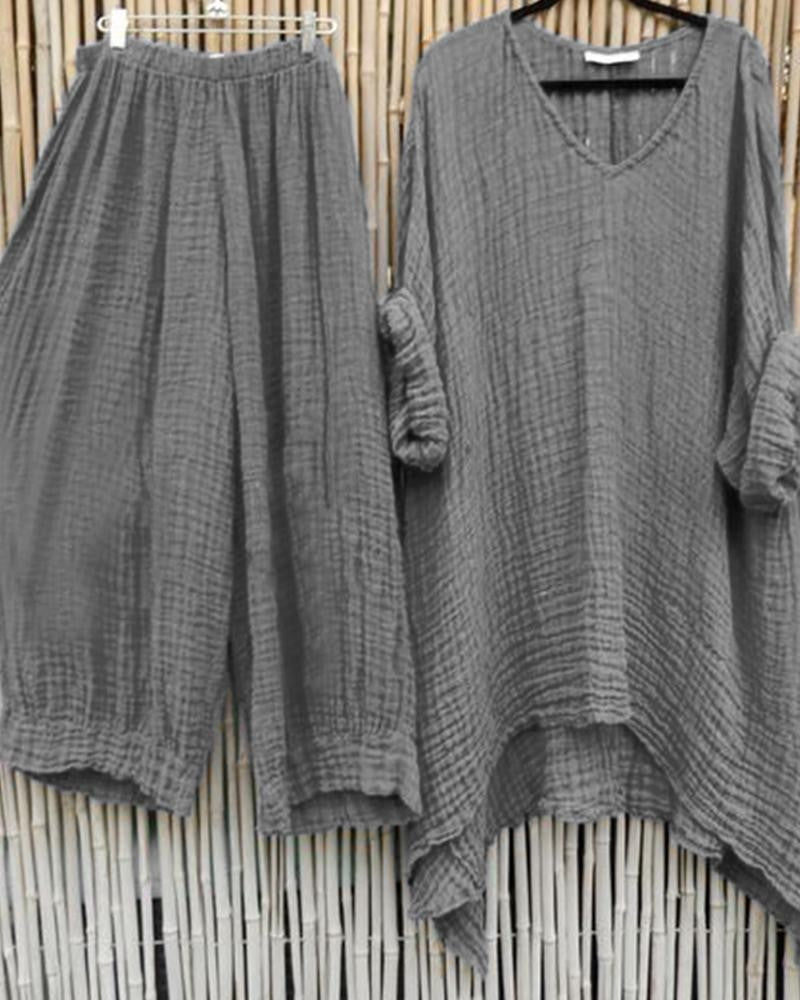 Conjunto casual de dos piezas liso con escote en pico y manga corta