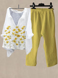 Conjunto casual de flores de lino amarillo con cuello camisero