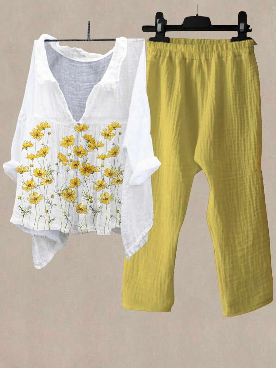 Conjunto casual de flores de lino amarillo con cuello camisero