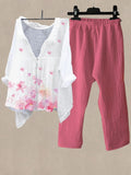 Conjunto casual de flores de lino con cuello camisero