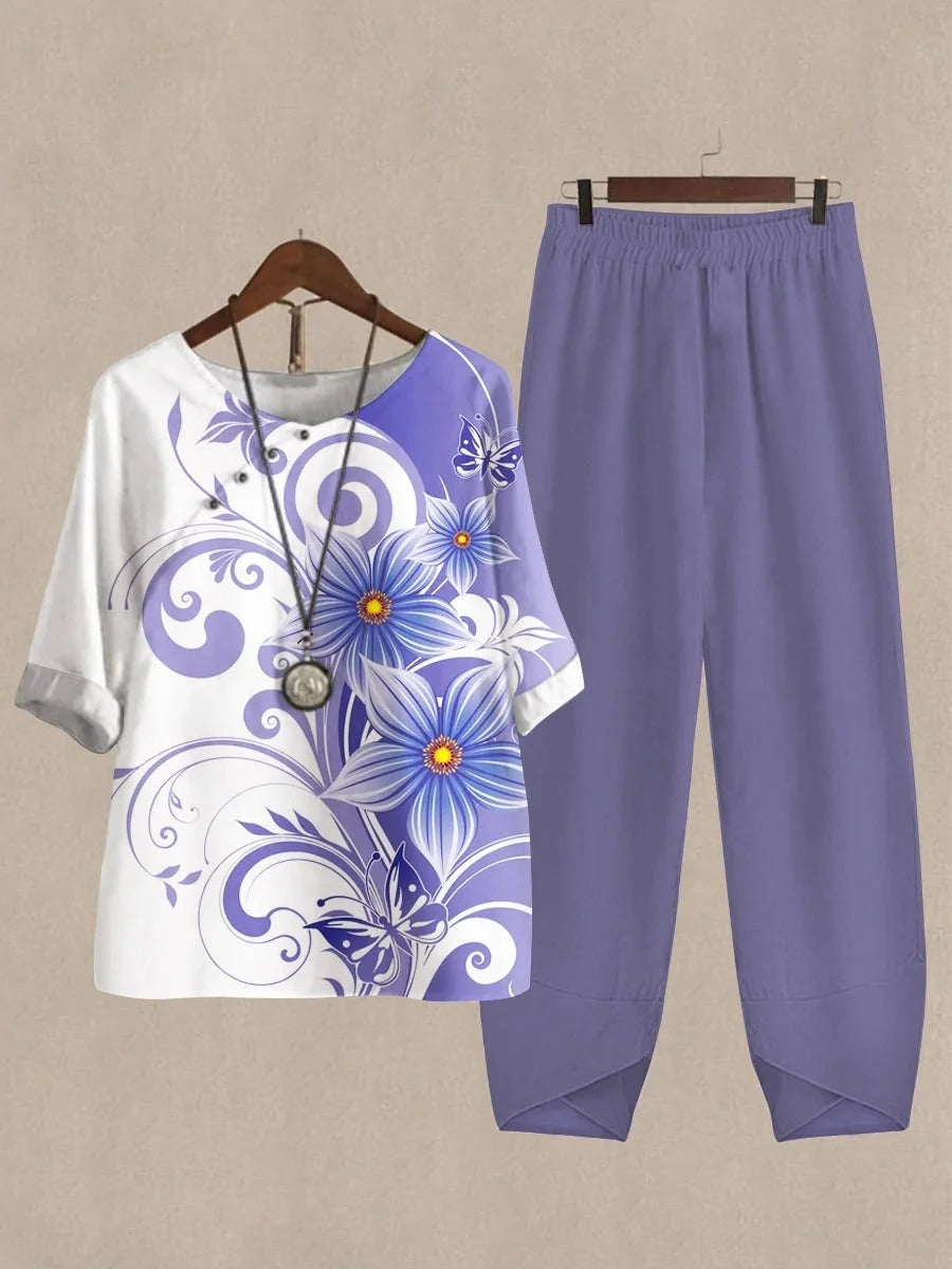 Conjunto casual de mariposas de lino con manga francesa