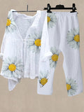 Conjunto casual de girasoles de lino con cuello camisero