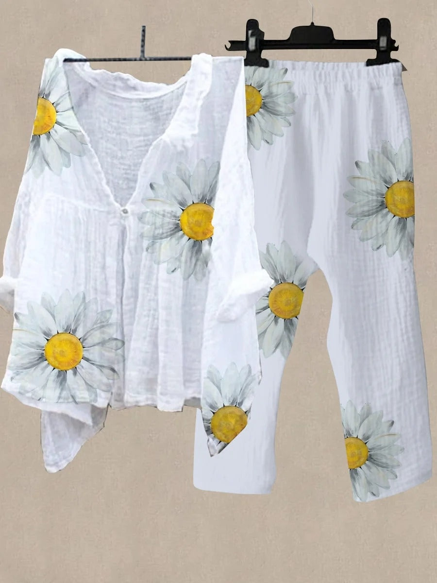 Conjunto casual de girasoles de lino con cuello camisero