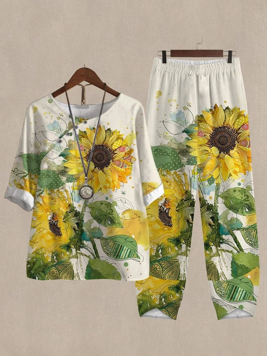 Conjunto vintage de dos piezas holgado de girasoles