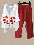 Conjunto casual de flores de lino rojo con cuello camisero