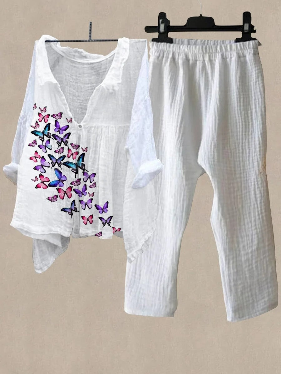 Conjunto casual de mariposas de lino con cuello camisero
